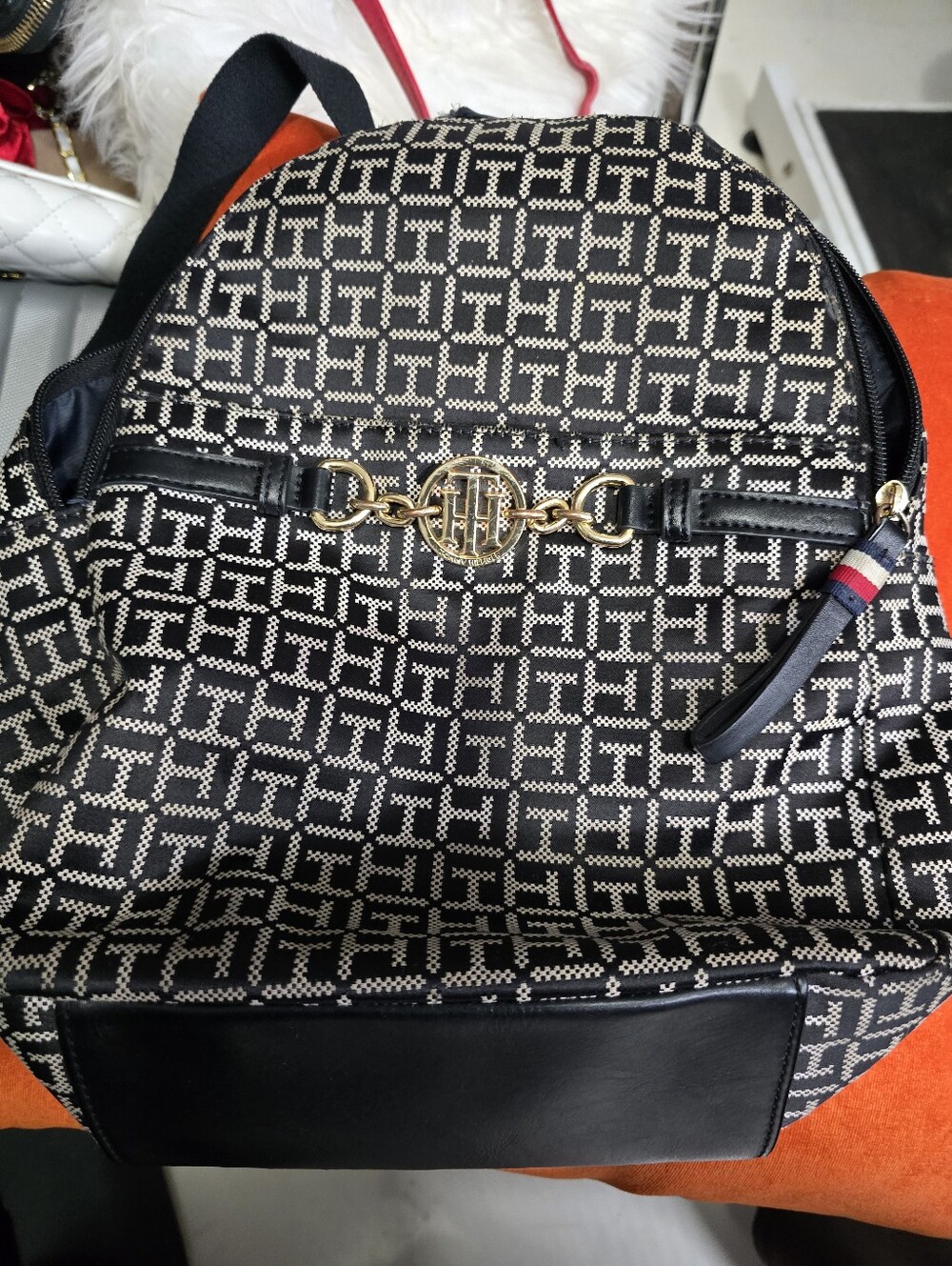 Black & White Logo-Print Convertible Backpack with Gold Hardware